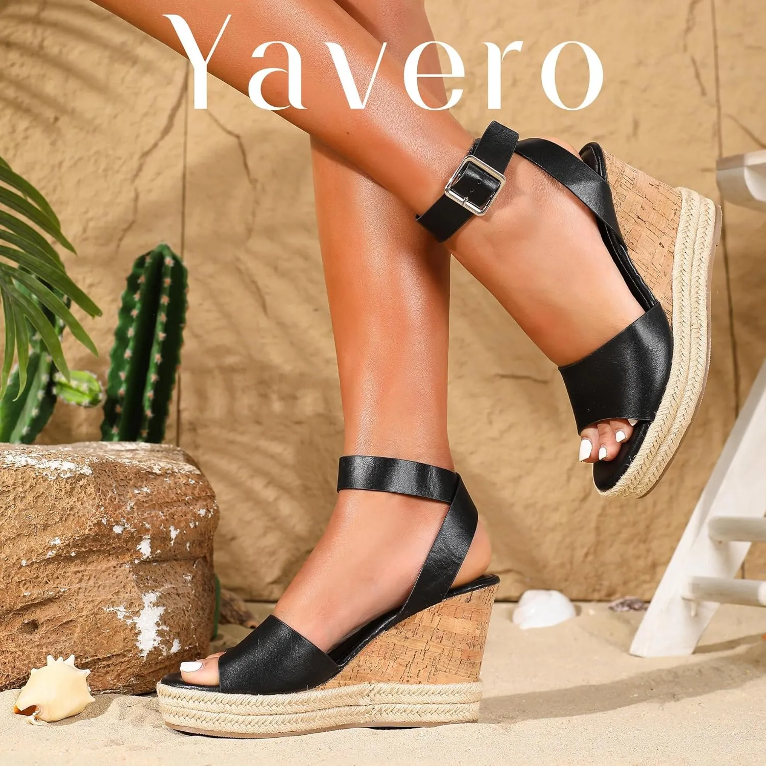 Yavero Women's Espadrille Wedge Sandals Open Toe Platform Sandals with Ankle Strap Stylish Cork Wedges for Summer