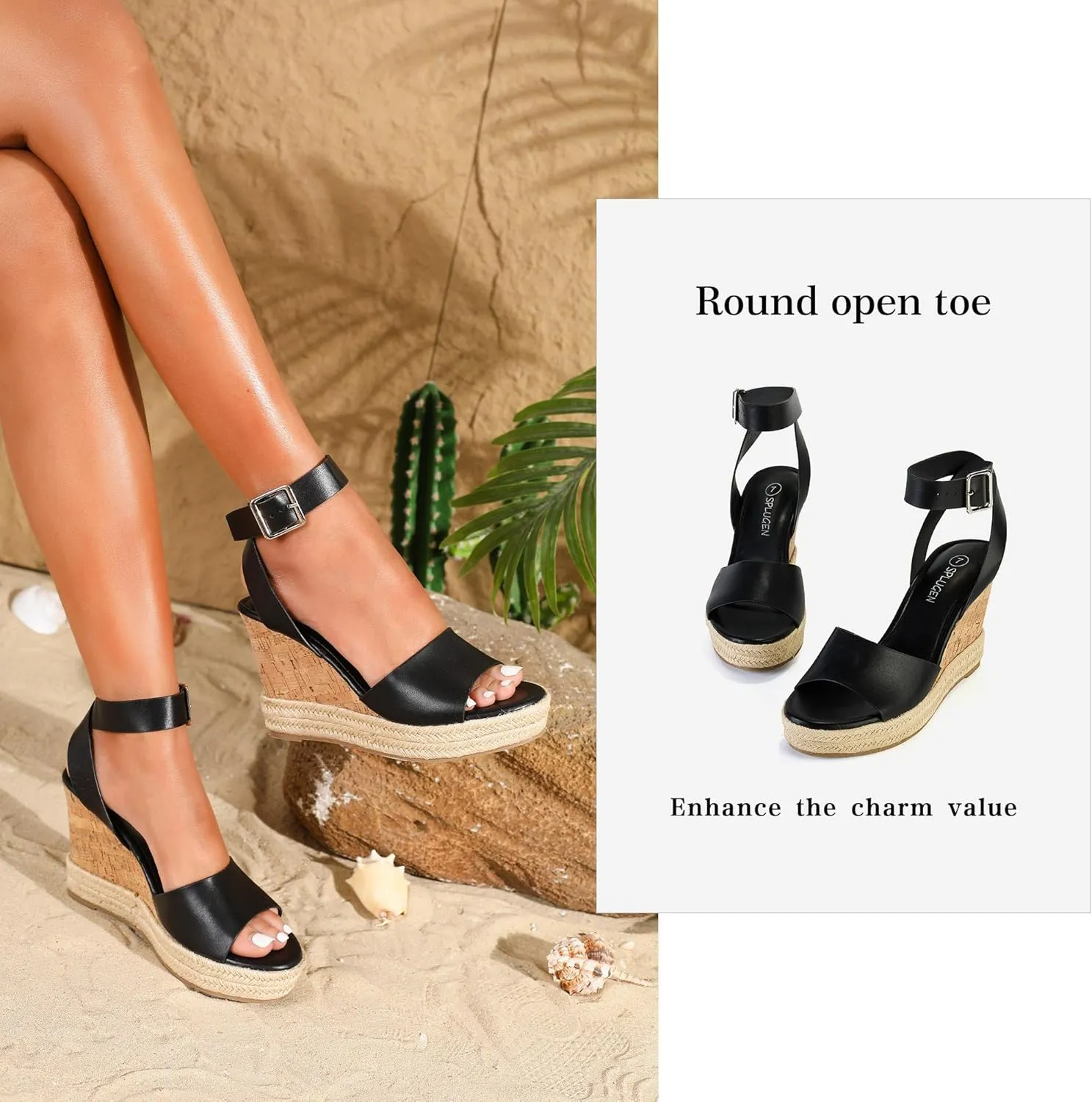 Yavero Women's Espadrille Wedge Sandals Open Toe Platform Sandals with Ankle Strap Stylish Cork Wedges for Summer