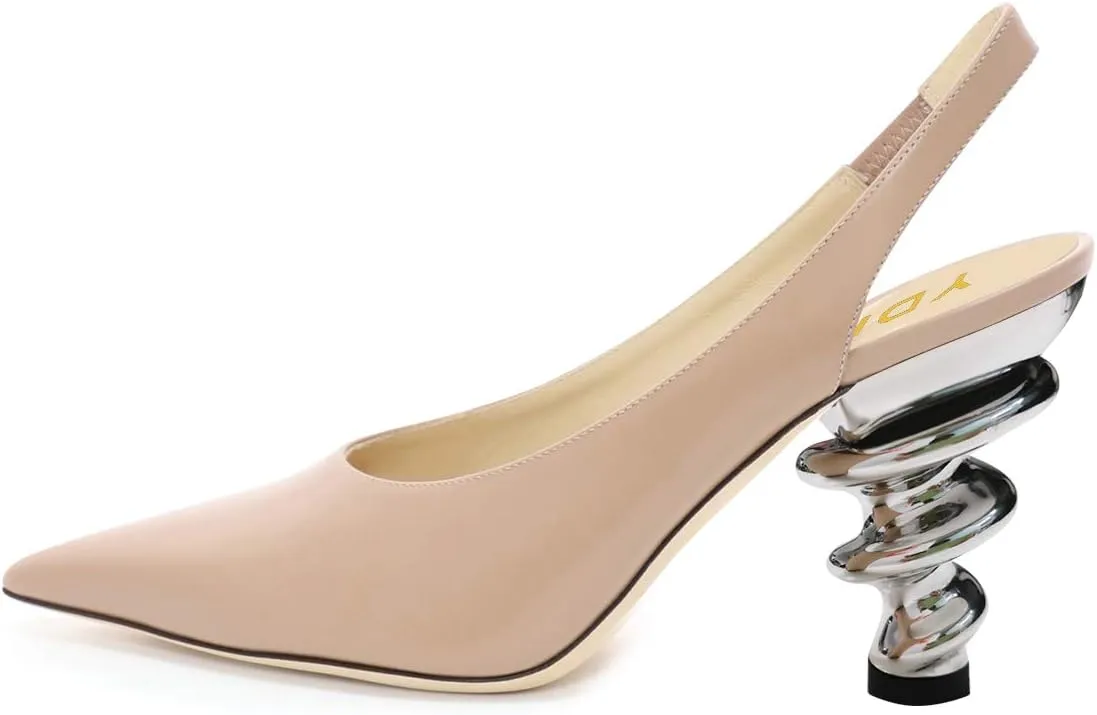 YDN Women Trendy Metallic Spiral Heels Slip On Sandals Slingback Elastic Pointed Toe Pumps Daily Party Shoes 4-15 US