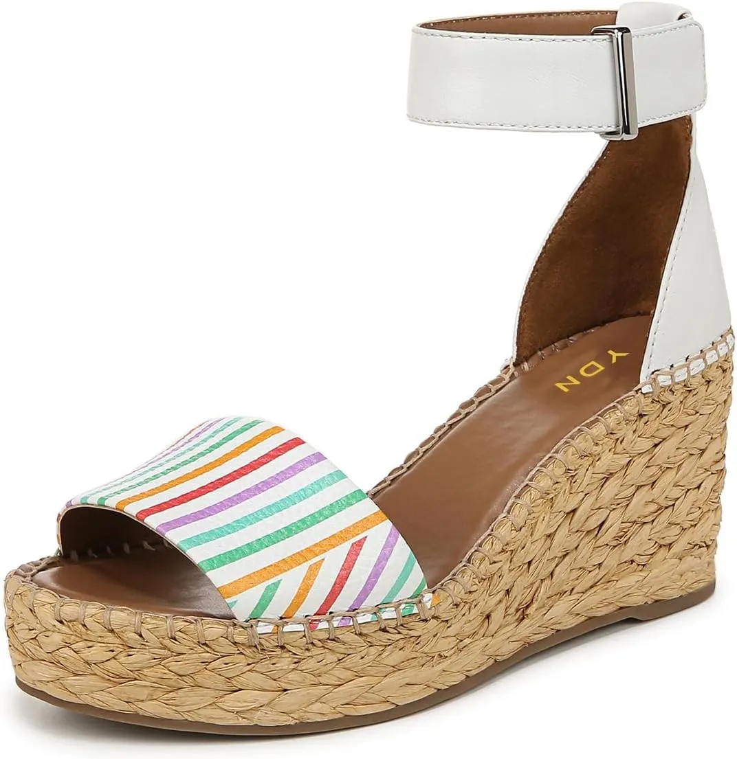 YDN Women's Round Toe Platform Heeled Sandals Mid High Wedge Heels with Ankle Strap Summer Beach Trendy Shoes Size 4-16 US
