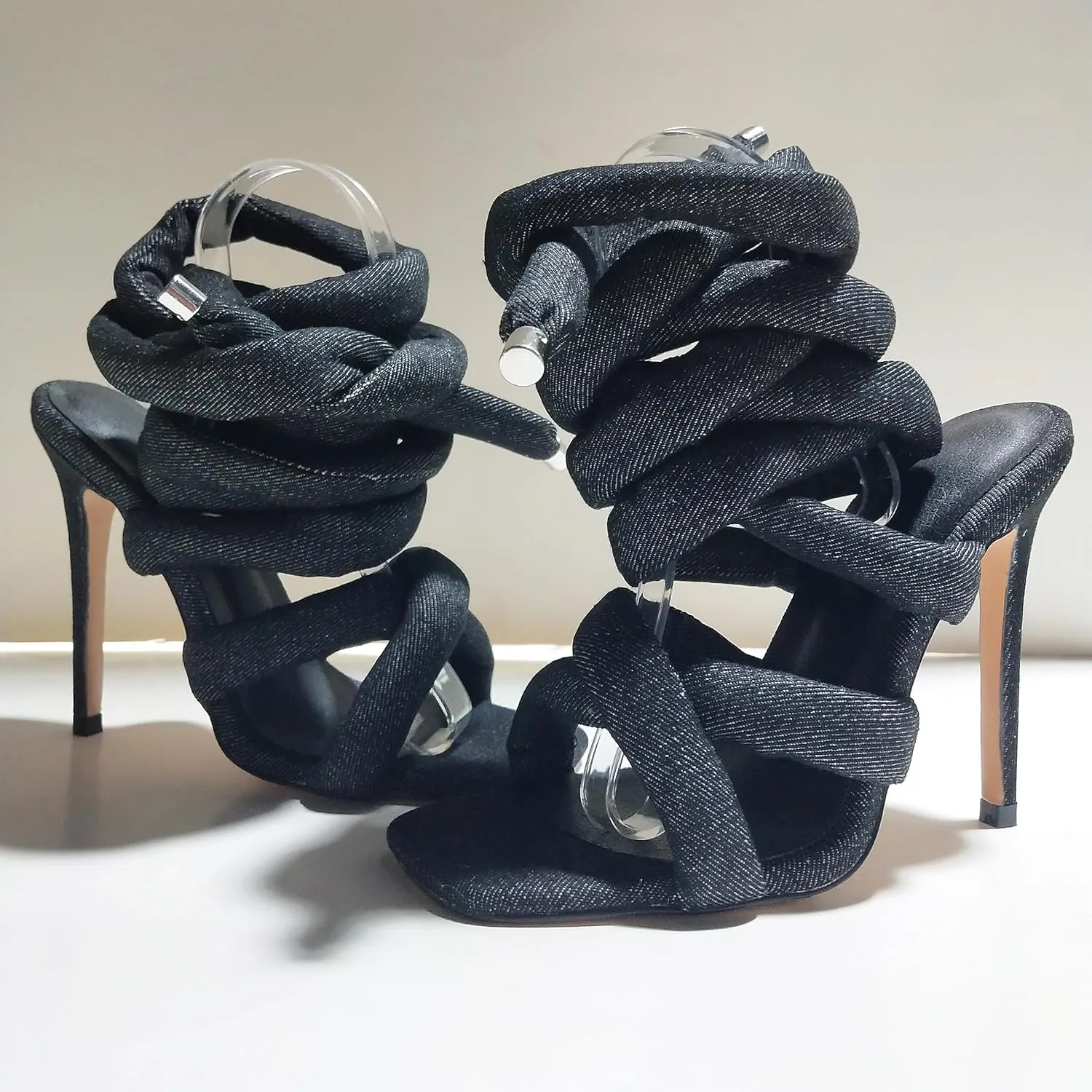 Yishaweiqi Strappy Sandals for Women Rope Lace up Gladiator Sandals Sexy Square Open Toe Stiletto High Heels Tie Up Heeled Sandals for Women