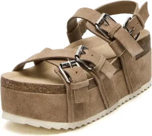 Yishaweiqi Women's Suede Strappy Platform Sandals Comfortable Cork Footbed Flatform Sandals Adjustable Buckle Straps Flat Clogs Wedge Sandals