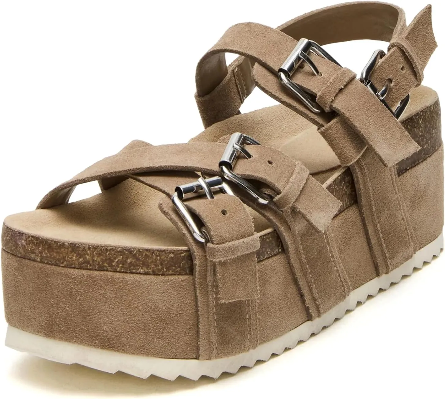 Yishaweiqi Women's Suede Strappy Platform Sandals Comfortable Cork Footbed Flatform Sandals Adjustable Buckle Straps Flat Clogs Wedge Sandals