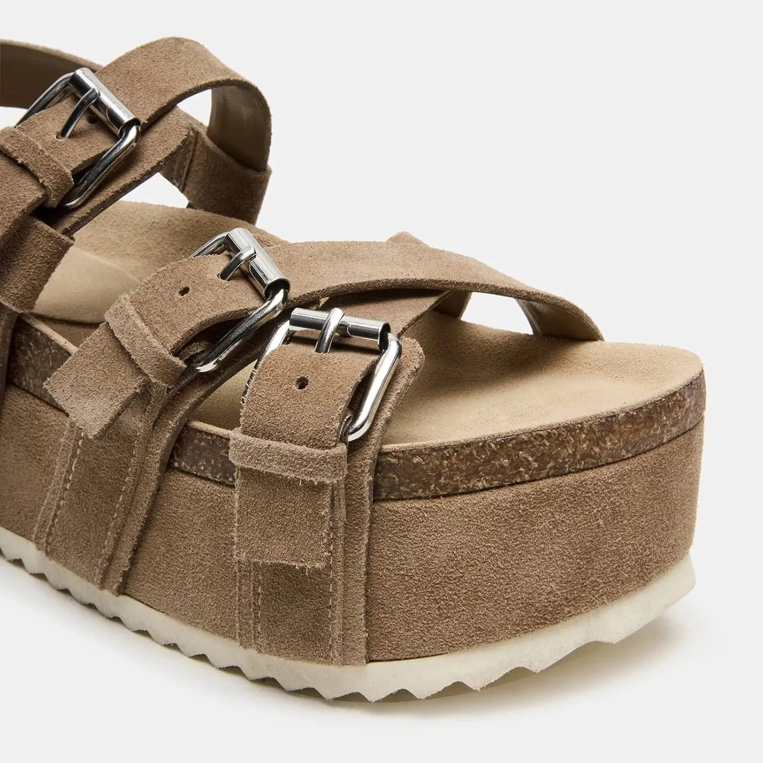 Yishaweiqi Women's Suede Strappy Platform Sandals Comfortable Cork Footbed Flatform Sandals Adjustable Buckle Straps Flat Clogs Wedge Sandals