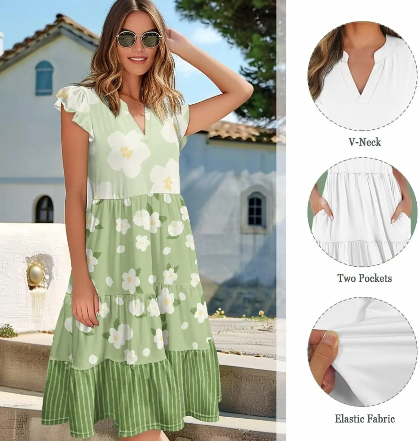 Youngerbaby Women Summer Dresses Midi Dress Flutter Sleeve Tiered Beach Dresses