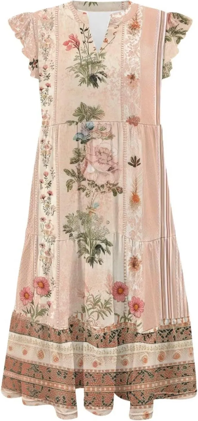 Youngerbaby Women Summer Dresses Midi Dress Flutter Sleeve Tiered Beach Dresses