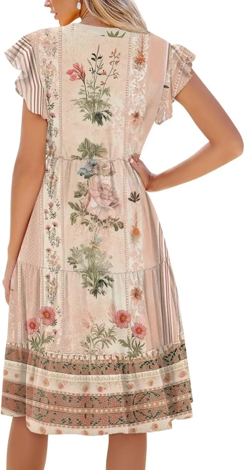 Youngerbaby Women Summer Dresses Midi Dress Flutter Sleeve Tiered Beach Dresses