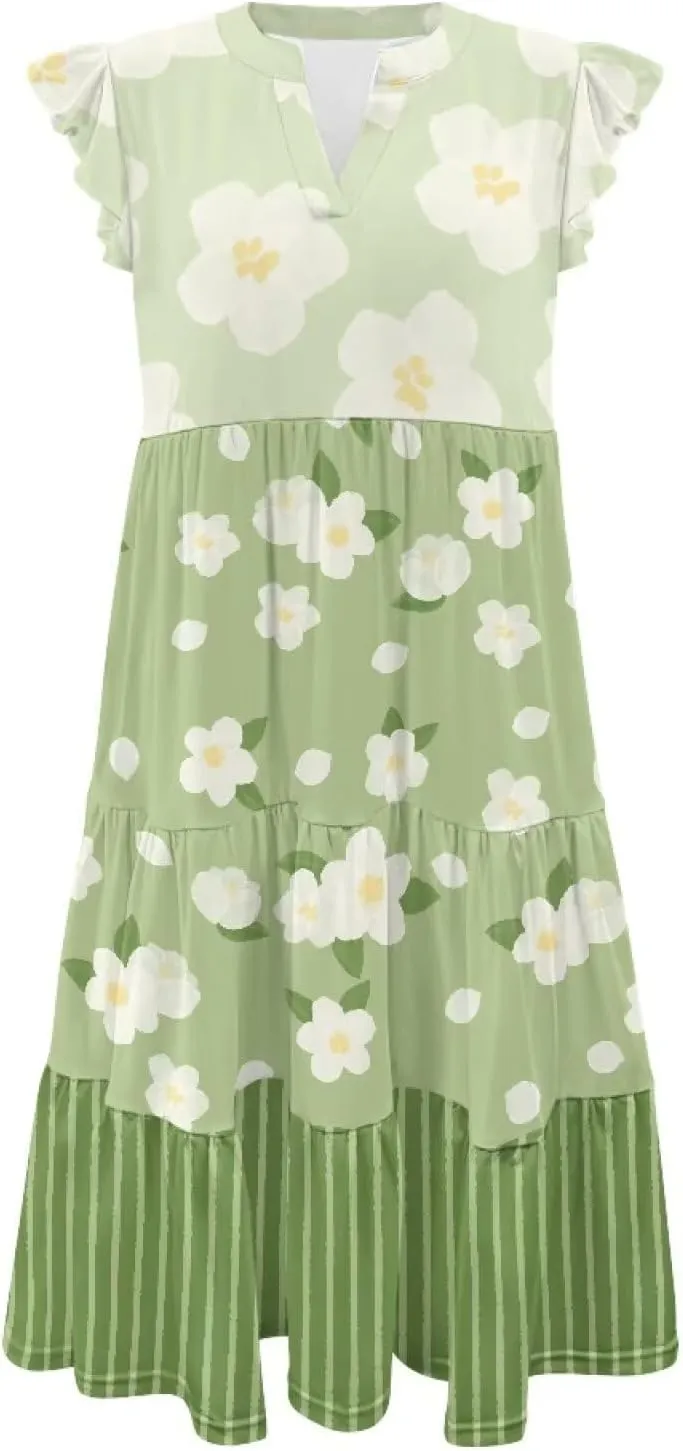 Youngerbaby Women Summer Dresses Midi Dress Flutter Sleeve Tiered Beach Dresses