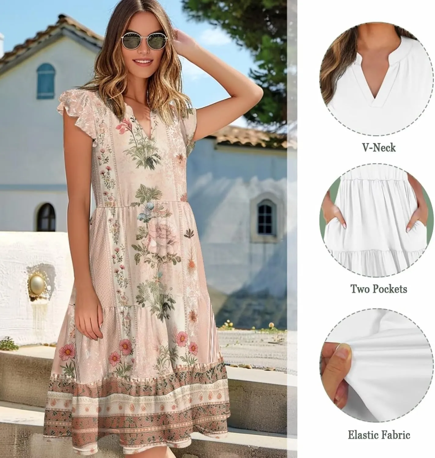 Youngerbaby Women Summer Dresses Midi Dress Flutter Sleeve Tiered Beach Dresses