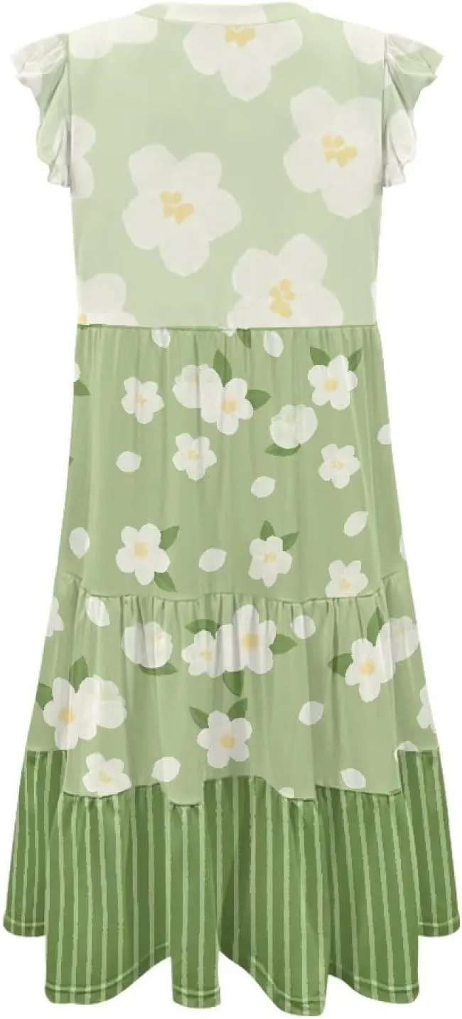 Youngerbaby Women Summer Dresses Midi Dress Flutter Sleeve Tiered Beach Dresses
