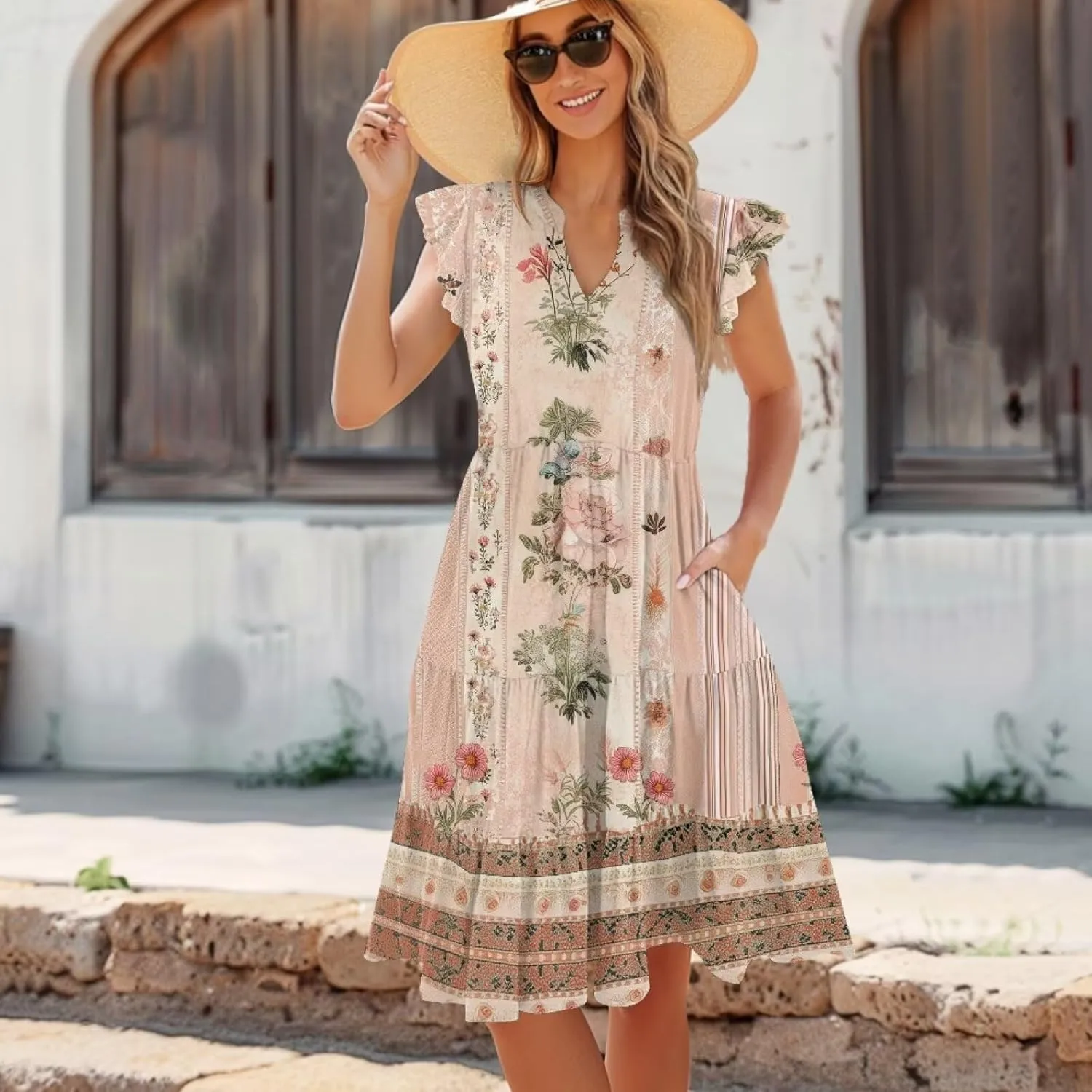 Youngerbaby Women Summer Dresses Midi Dress Flutter Sleeve Tiered Beach Dresses