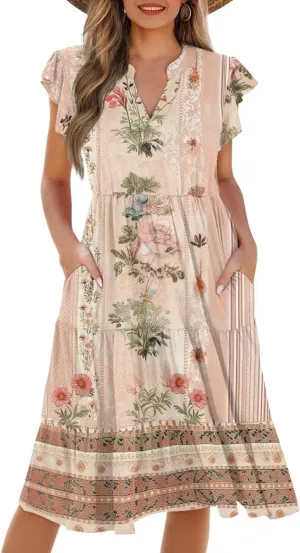 Youngerbaby Women Summer Dresses Midi Dress Flutter Sleeve Tiered Beach Dresses