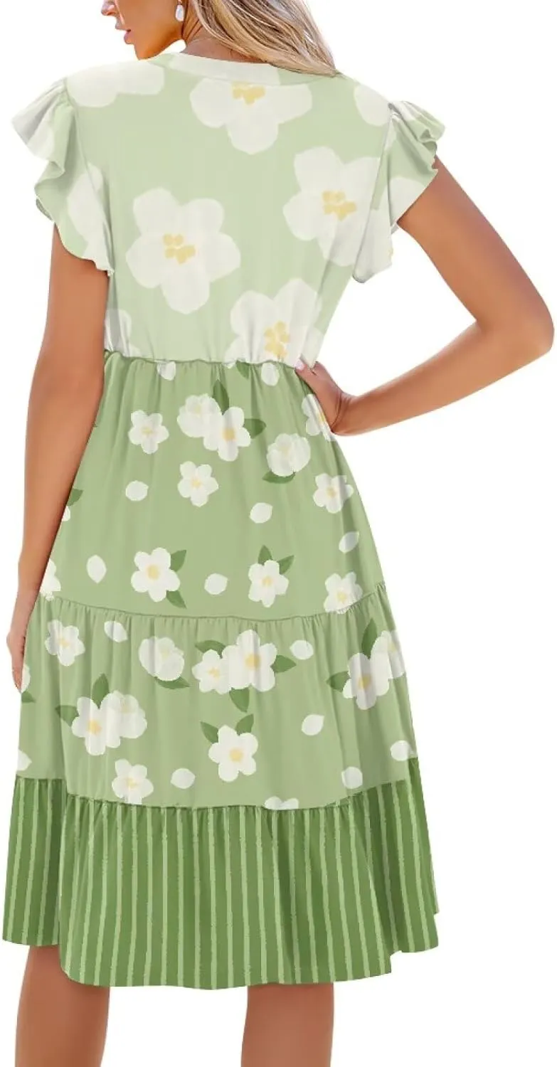 Youngerbaby Women Summer Dresses Midi Dress Flutter Sleeve Tiered Beach Dresses