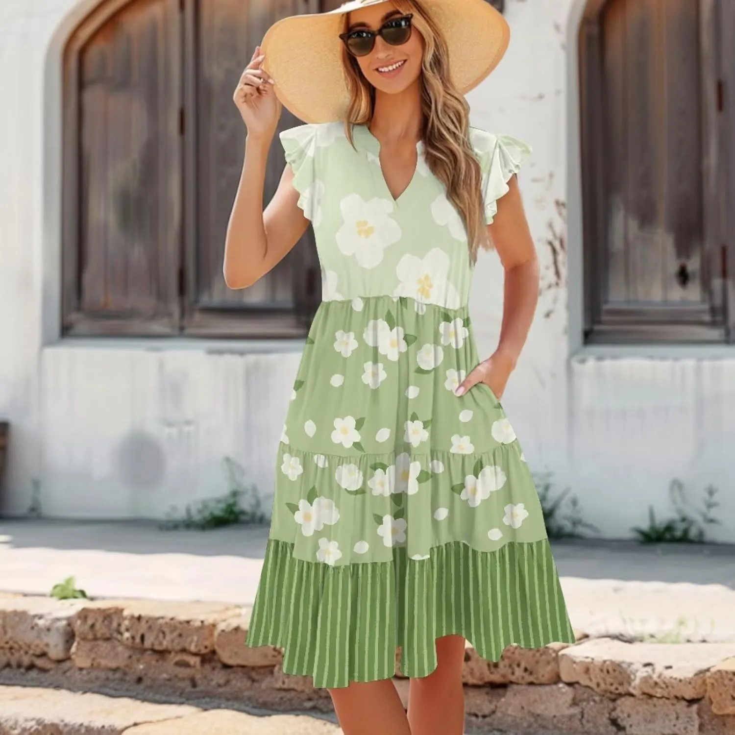 Youngerbaby Women Summer Dresses Midi Dress Flutter Sleeve Tiered Beach Dresses