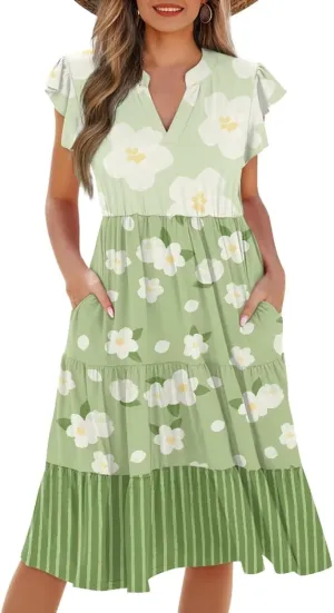 Youngerbaby Women Summer Dresses Midi Dress Flutter Sleeve Tiered Beach Dresses