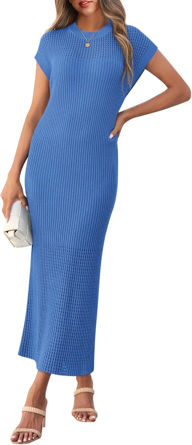 Yousify Womens Ribbed Knit Dress 2025 Trendy Casual Cap Sleeve Crewneck Maxi Dresses S-XXL
