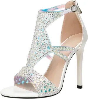 Zamikoo Women's Heeled Sandals, Open Toe Woman Sandals Rhinestone Heels Heels, Cutout Gladiator Heels, Sparkly Stiletto High Heel Pumps Shoes for Dress Party Evening 4 Inches
