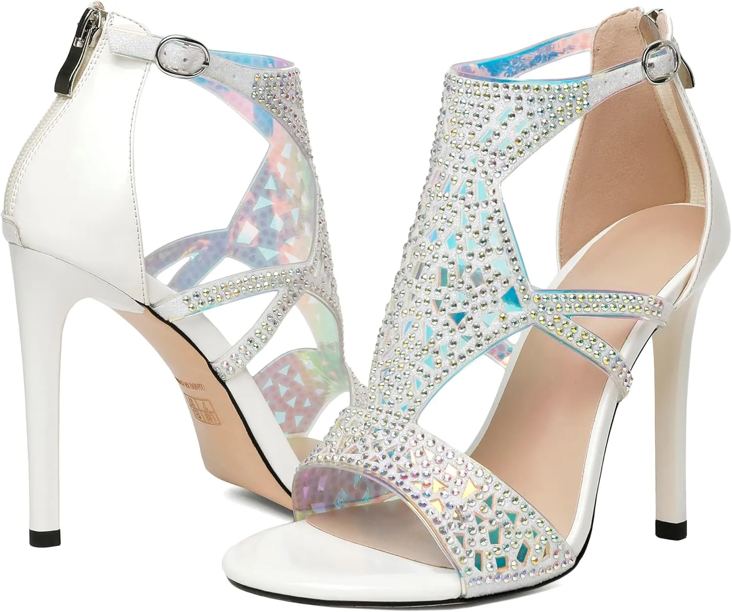 Zamikoo Women's Heeled Sandals, Open Toe Woman Sandals Rhinestone Heels Heels, Cutout Gladiator Heels, Sparkly Stiletto High Heel Pumps Shoes for Dress Party Evening 4 Inches