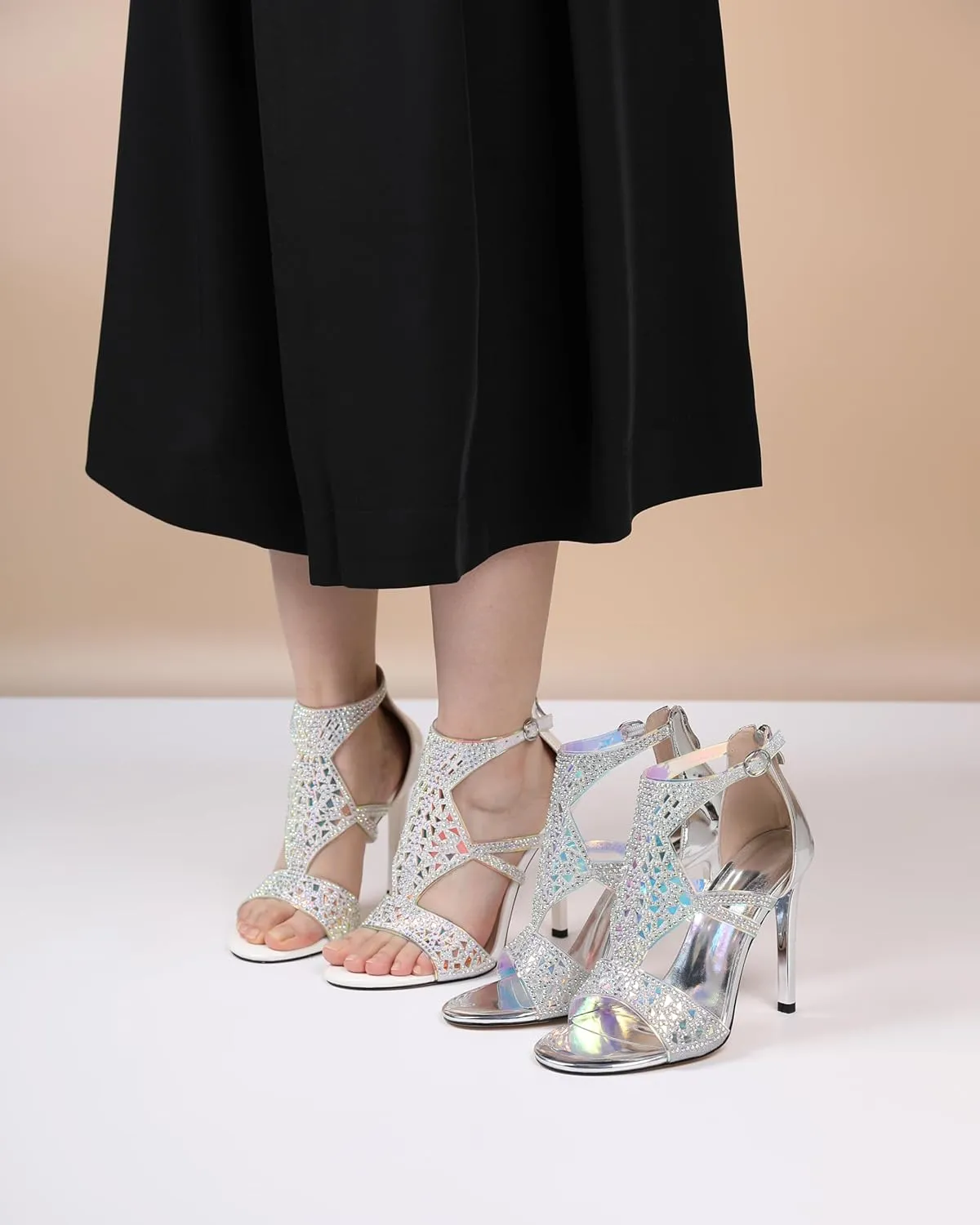Zamikoo Women's Heeled Sandals, Open Toe Woman Sandals Rhinestone Heels Heels, Cutout Gladiator Heels, Sparkly Stiletto High Heel Pumps Shoes for Dress Party Evening 4 Inches
