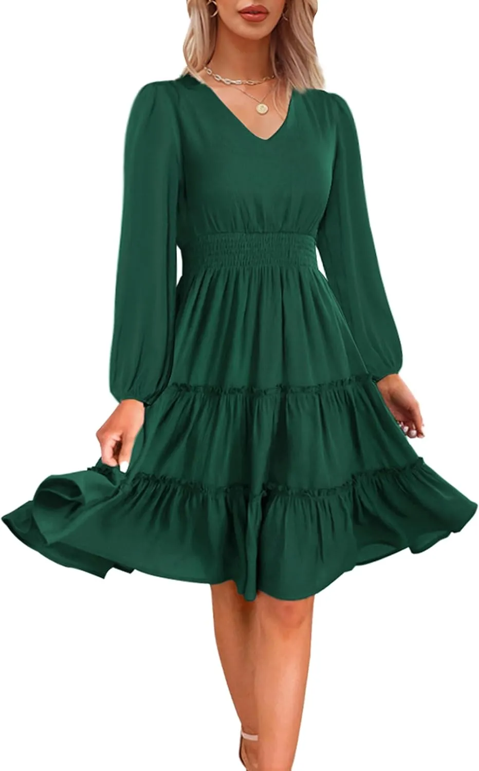 Zattcas Women 2025 Sping Summer Dress V Neck Smocked Waist Casual Flowy A Line Tiered Work Midi Dresses