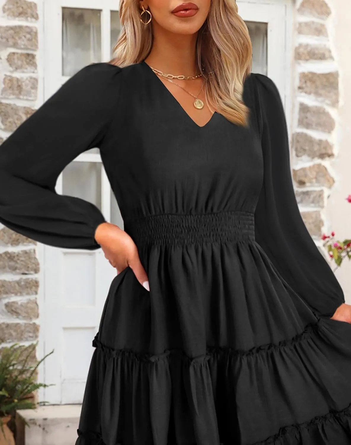 Zattcas Women 2025 Sping Summer Dress V Neck Smocked Waist Casual Flowy A Line Tiered Work Midi Dresses