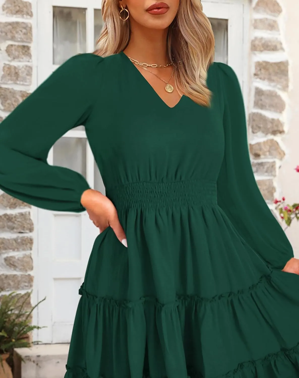 Zattcas Women 2025 Sping Summer Dress V Neck Smocked Waist Casual Flowy A Line Tiered Work Midi Dresses