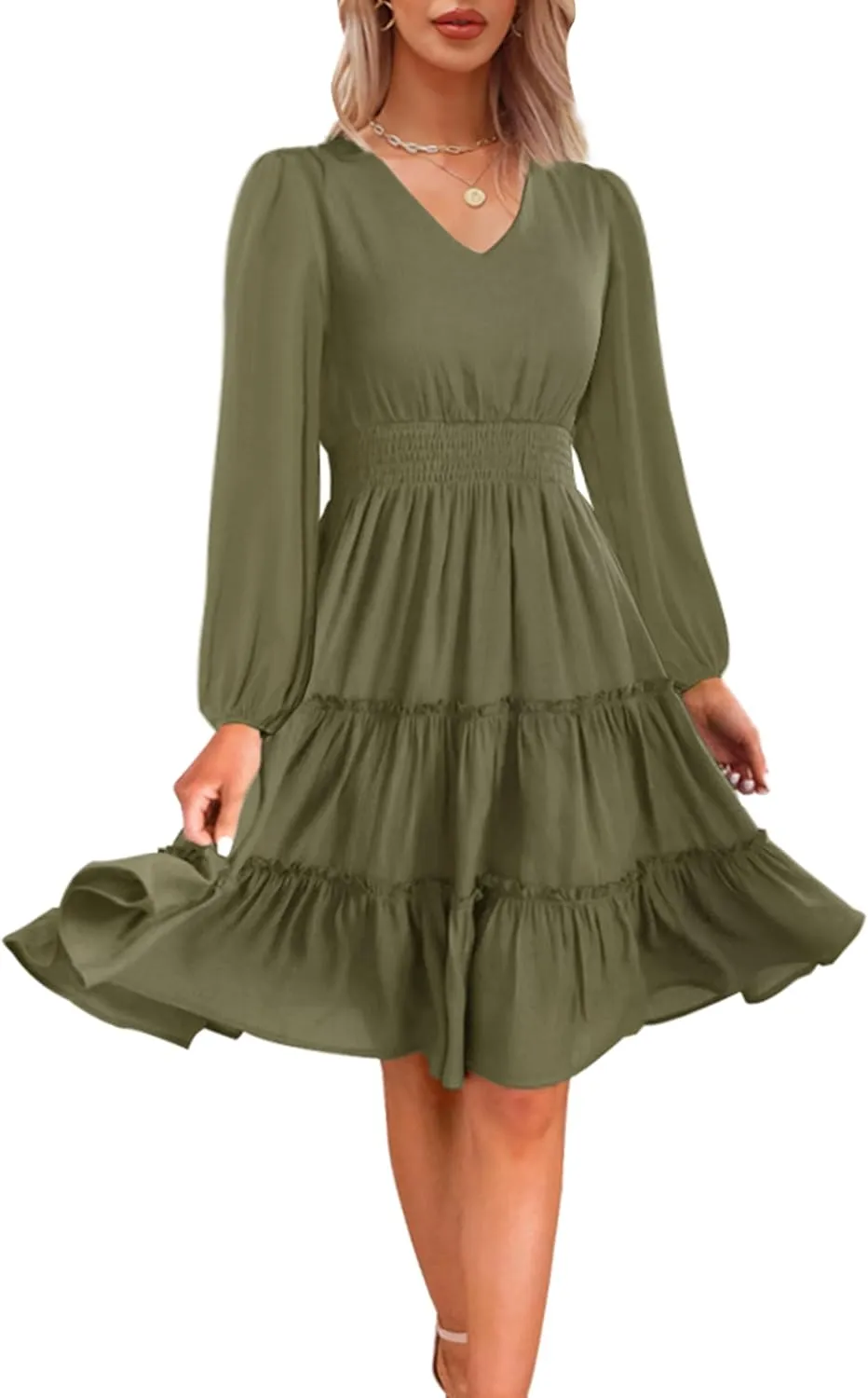 Zattcas Women 2025 Sping Summer Dress V Neck Smocked Waist Casual Flowy A Line Tiered Work Midi Dresses