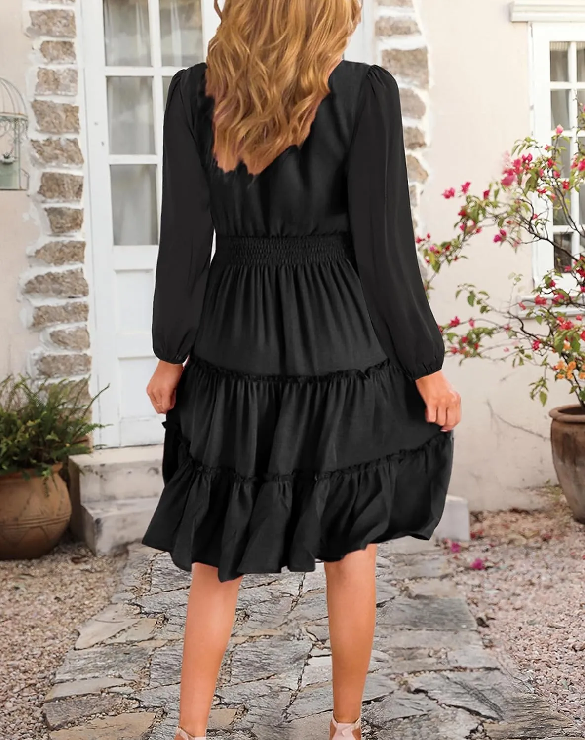 Zattcas Women 2025 Sping Summer Dress V Neck Smocked Waist Casual Flowy A Line Tiered Work Midi Dresses