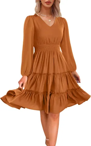 Zattcas Women 2025 Sping Summer Dress V Neck Smocked Waist Casual Flowy A Line Tiered Work Midi Dresses