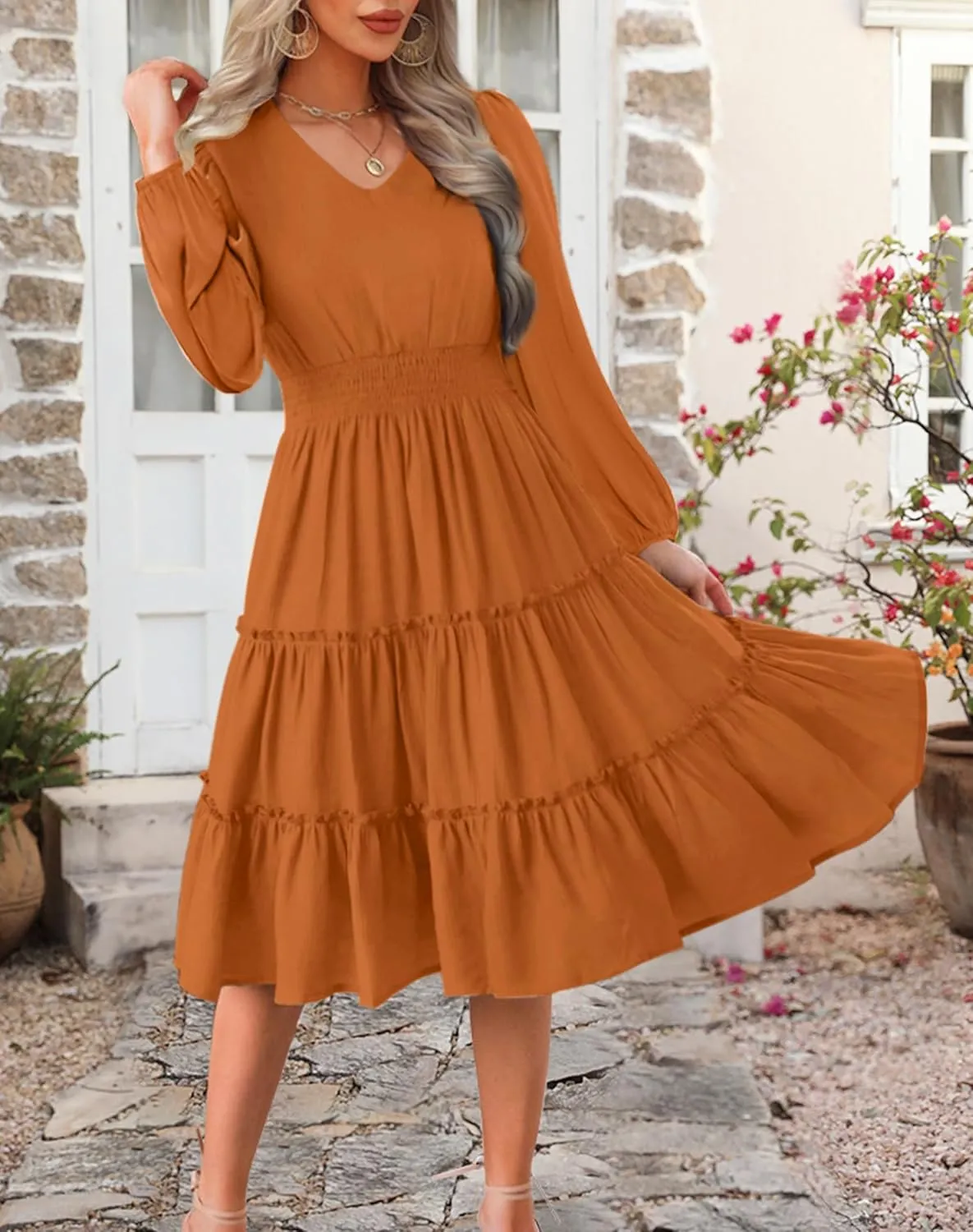 Zattcas Women 2025 Sping Summer Dress V Neck Smocked Waist Casual Flowy A Line Tiered Work Midi Dresses