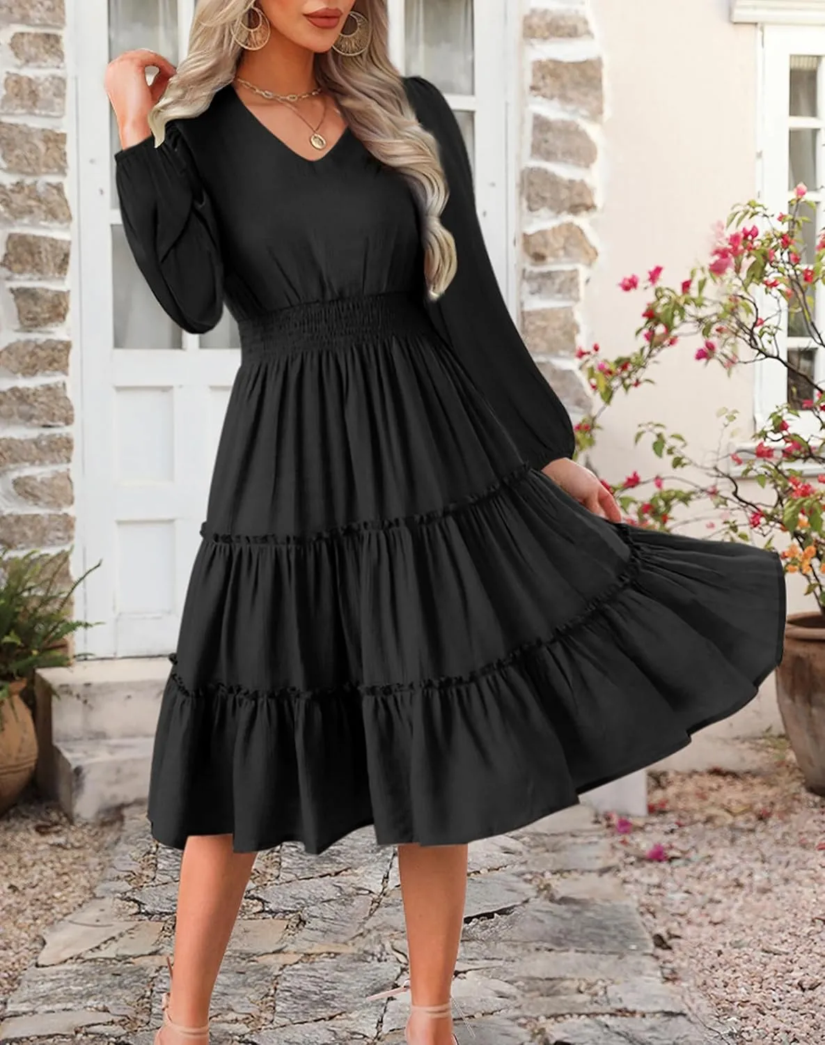 Zattcas Women 2025 Sping Summer Dress V Neck Smocked Waist Casual Flowy A Line Tiered Work Midi Dresses