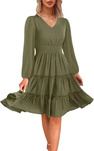Zattcas Women 2025 Sping Summer Dress V Neck Smocked Waist Casual Flowy A Line Tiered Work Midi Dresses