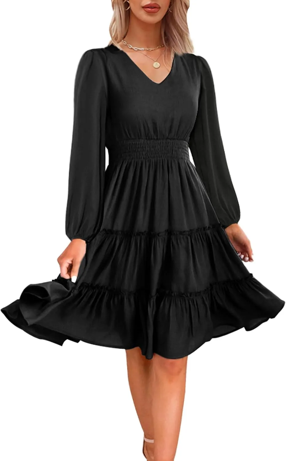Zattcas Women 2025 Sping Summer Dress V Neck Smocked Waist Casual Flowy A Line Tiered Work Midi Dresses