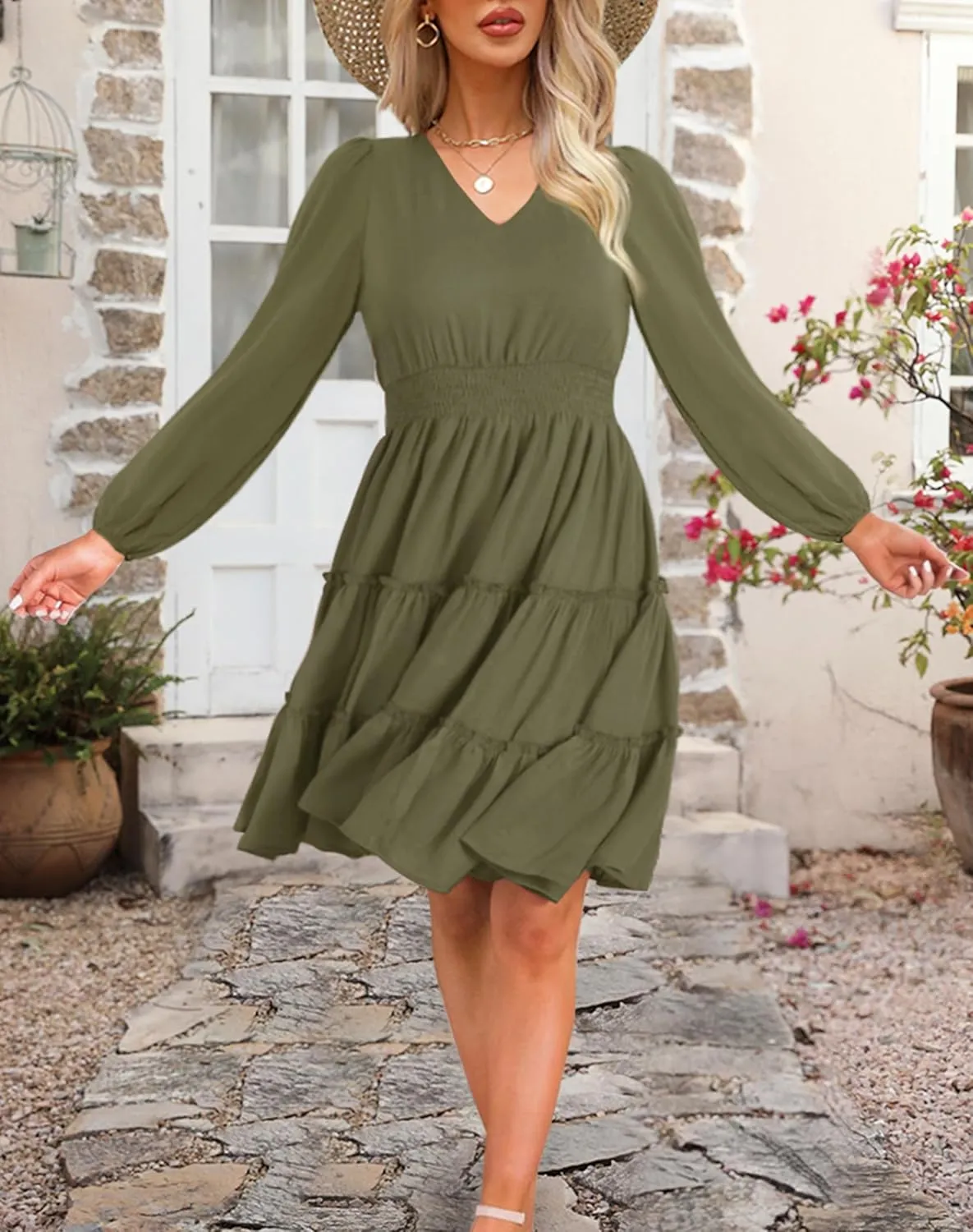 Zattcas Women 2025 Sping Summer Dress V Neck Smocked Waist Casual Flowy A Line Tiered Work Midi Dresses