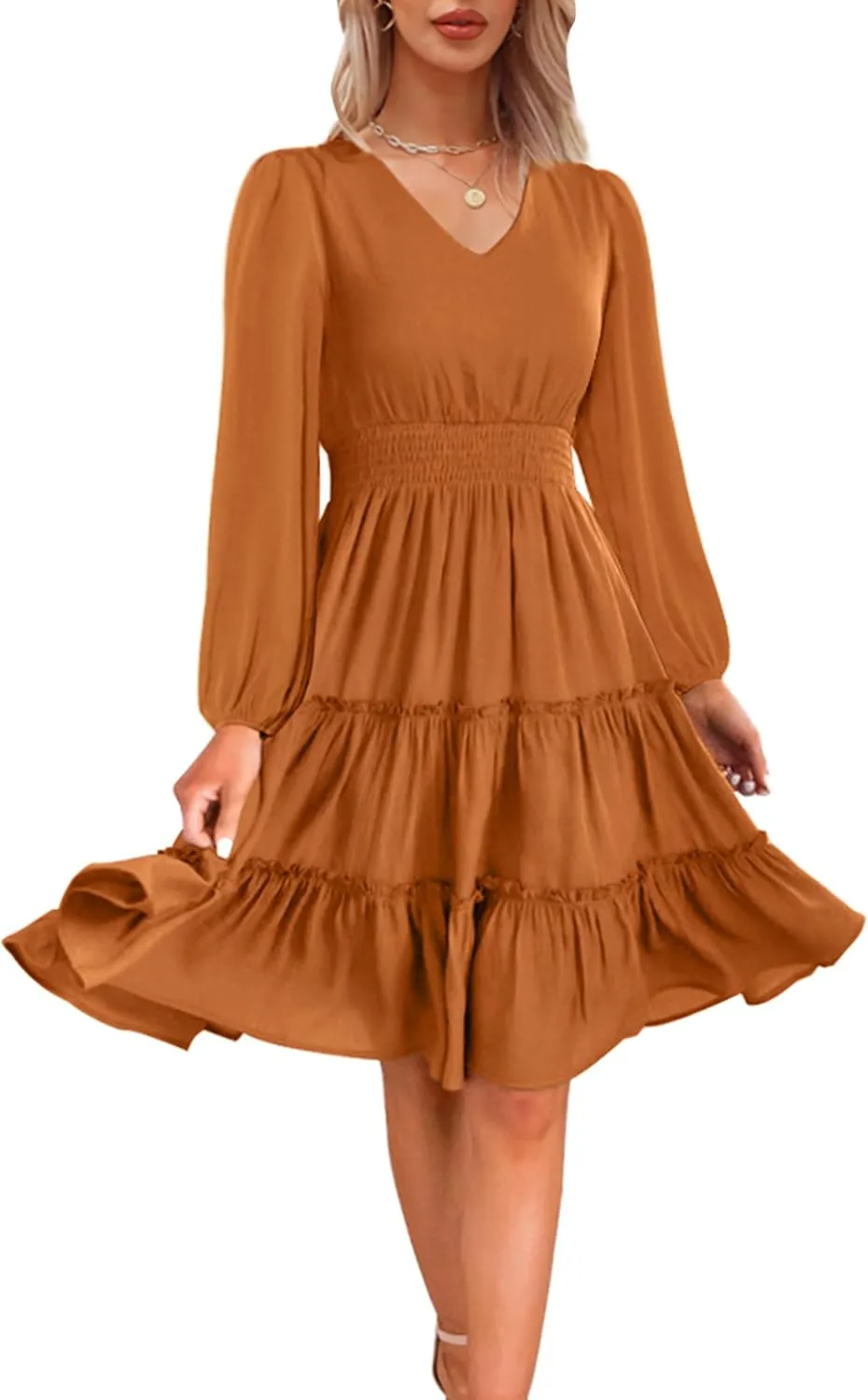 Zattcas Women 2025 Sping Summer Dress V Neck Smocked Waist Casual Flowy A Line Tiered Work Midi Dresses