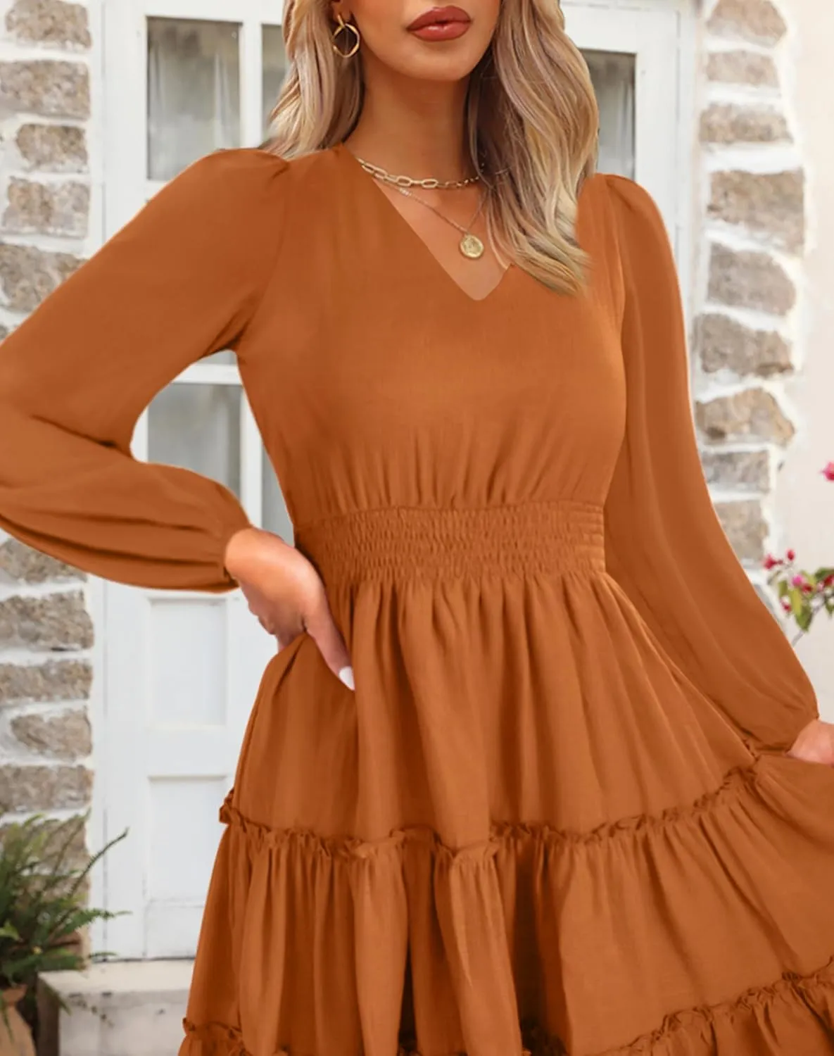 Zattcas Women 2025 Sping Summer Dress V Neck Smocked Waist Casual Flowy A Line Tiered Work Midi Dresses
