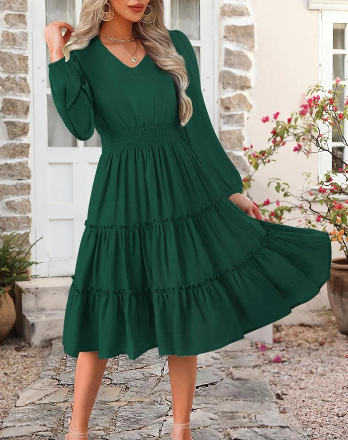 Zattcas Women 2025 Sping Summer Dress V Neck Smocked Waist Casual Flowy A Line Tiered Work Midi Dresses