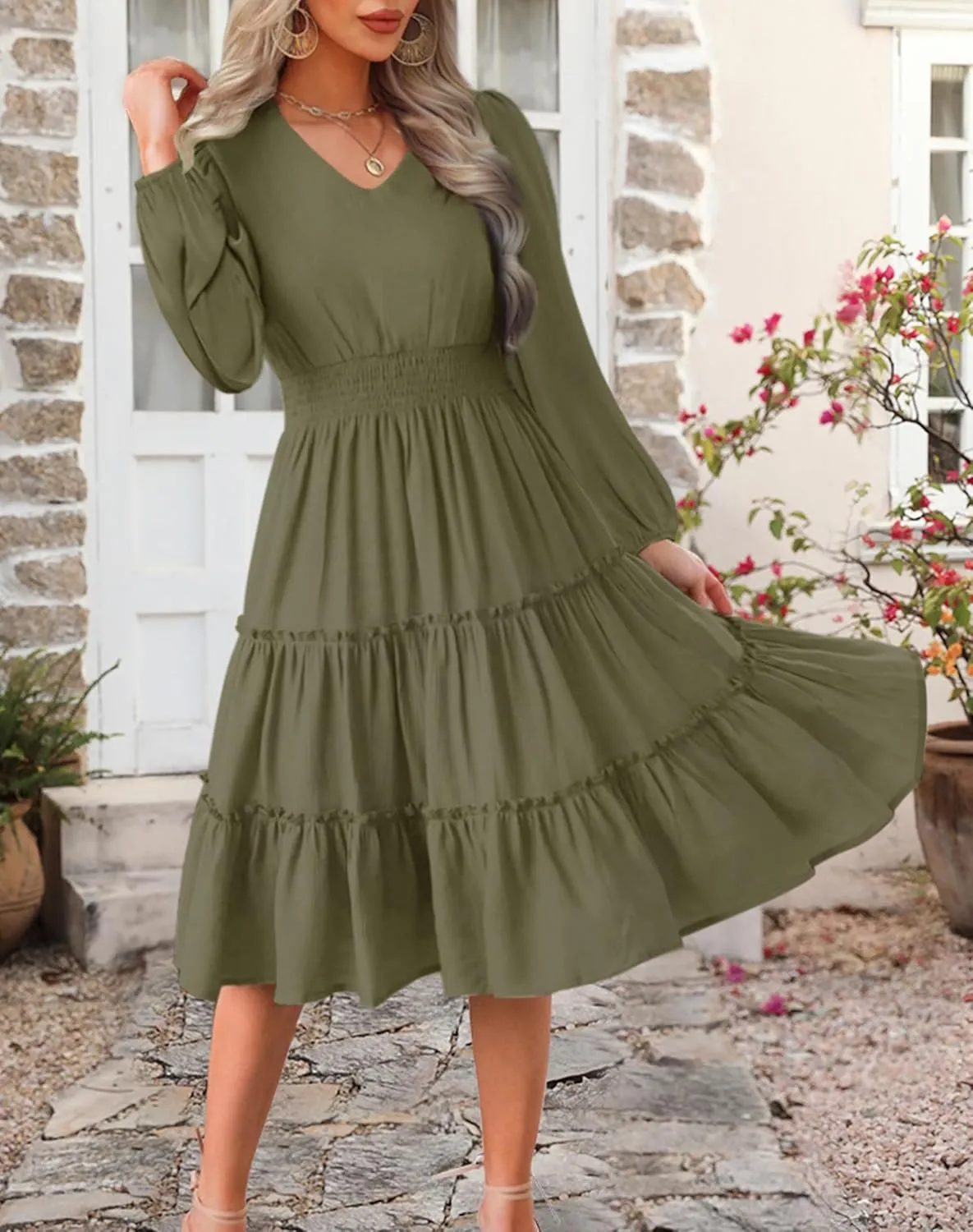 Zattcas Women 2025 Sping Summer Dress V Neck Smocked Waist Casual Flowy A Line Tiered Work Midi Dresses