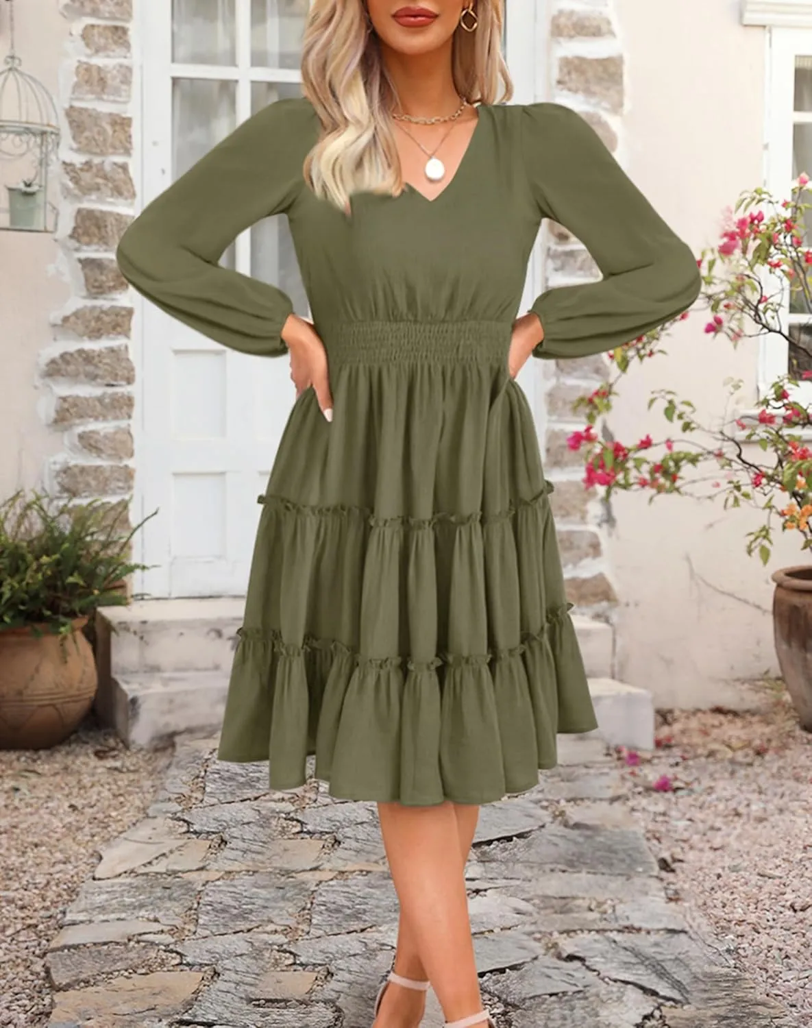 Zattcas Women 2025 Sping Summer Dress V Neck Smocked Waist Casual Flowy A Line Tiered Work Midi Dresses