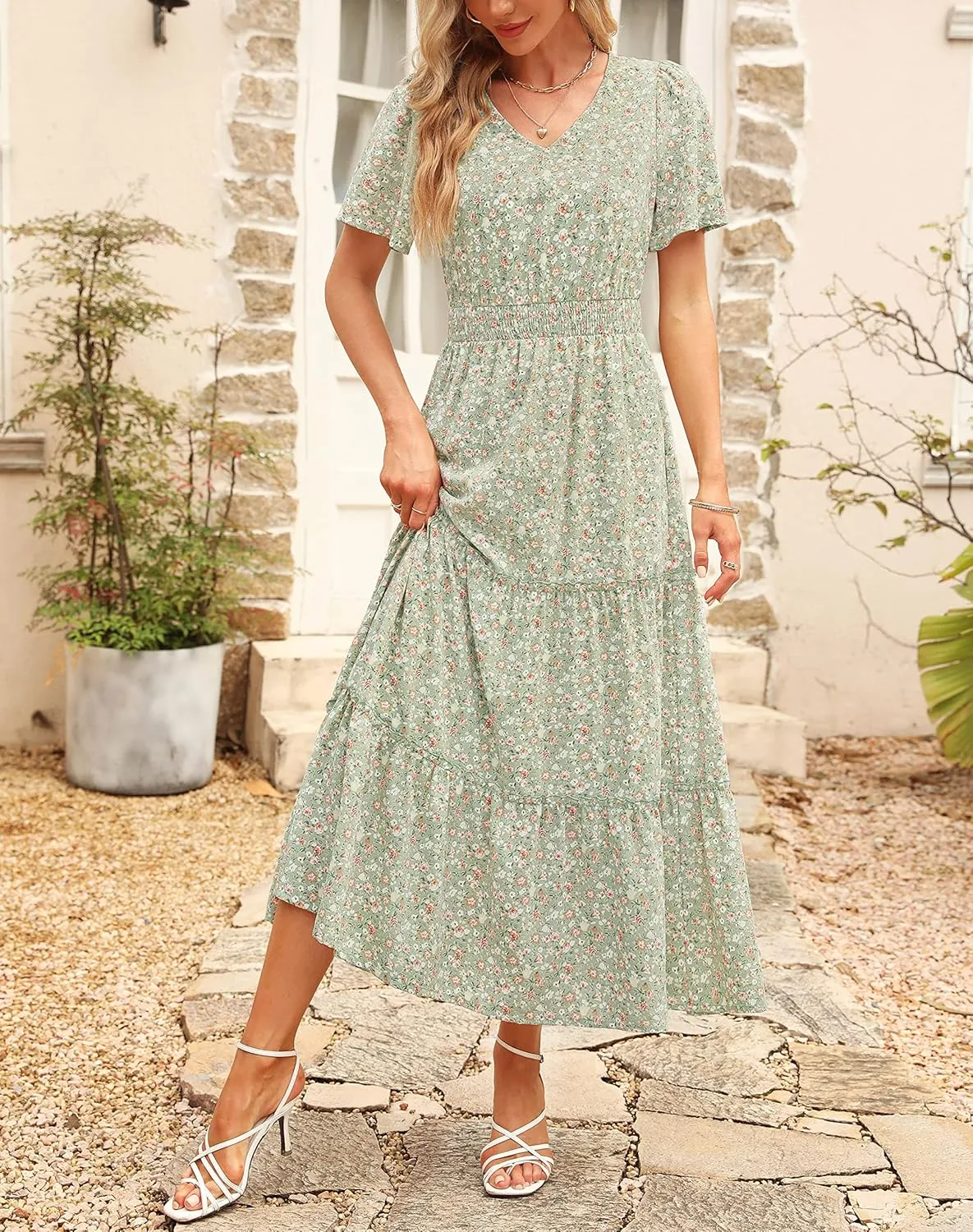 Zattcas Womens 2025 Long Summer Dress Short Flutter Sleeve V Neck Casual Smocked Tiered Modest Floral Boho Maxi Dress