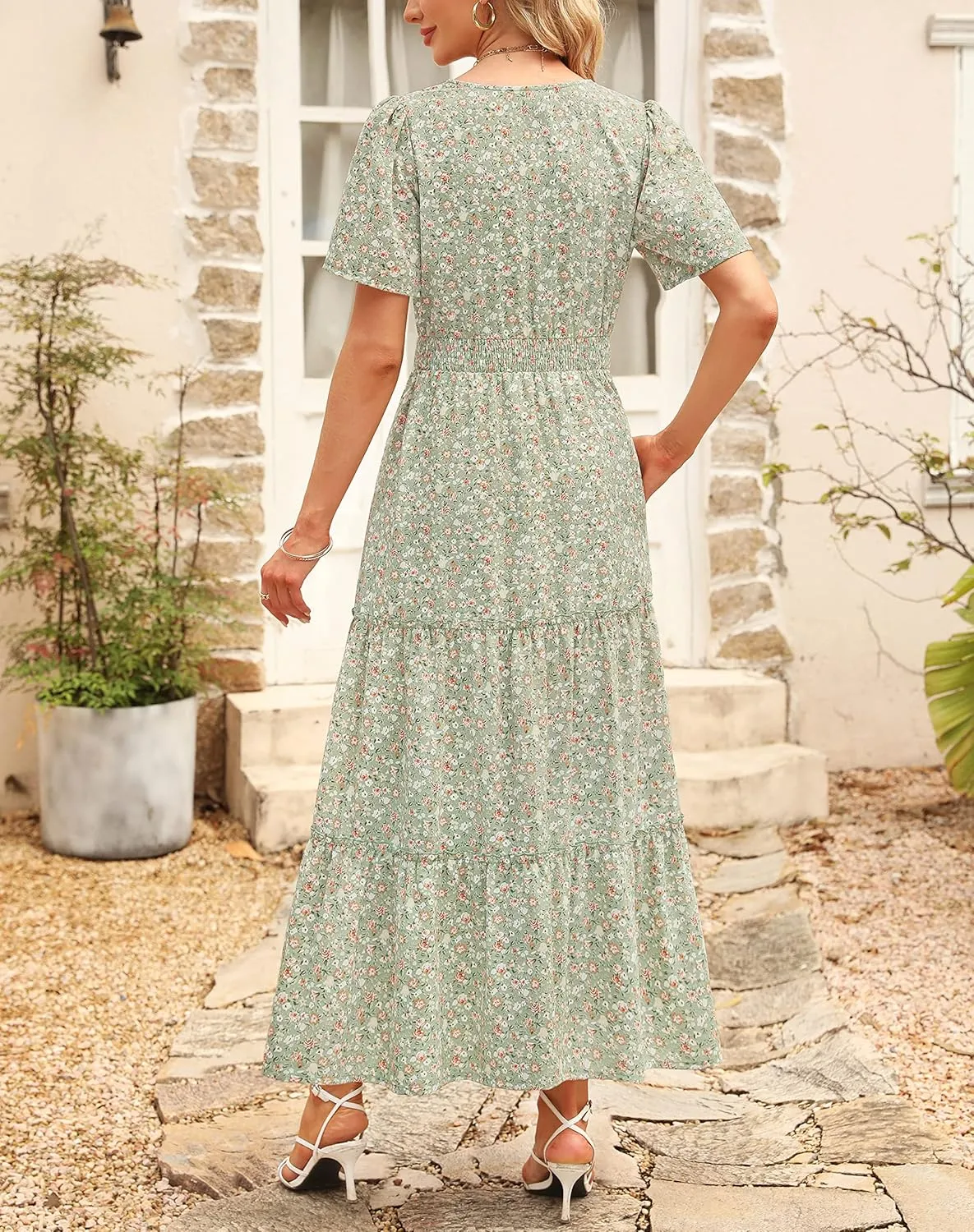 Zattcas Womens 2025 Long Summer Dress Short Flutter Sleeve V Neck Casual Smocked Tiered Modest Floral Boho Maxi Dress