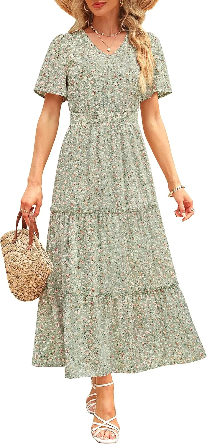 Zattcas Womens 2025 Long Summer Dress Short Flutter Sleeve V Neck Casual Smocked Tiered Modest Floral Boho Maxi Dress