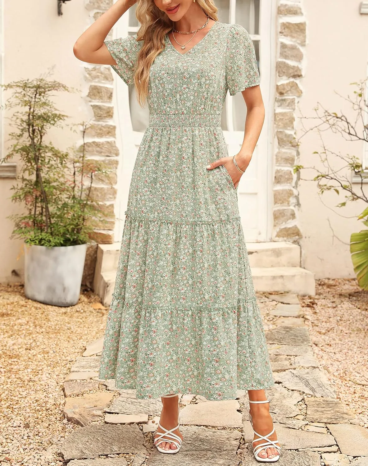 Zattcas Womens 2025 Long Summer Dress Short Flutter Sleeve V Neck Casual Smocked Tiered Modest Floral Boho Maxi Dress