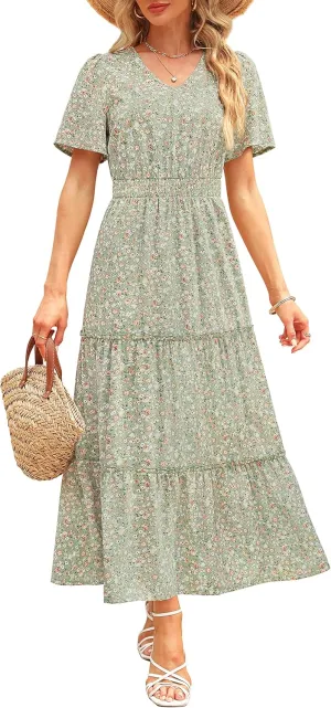 Zattcas Womens 2025 Long Summer Dress Short Flutter Sleeve V Neck Casual Smocked Tiered Modest Floral Boho Maxi Dress