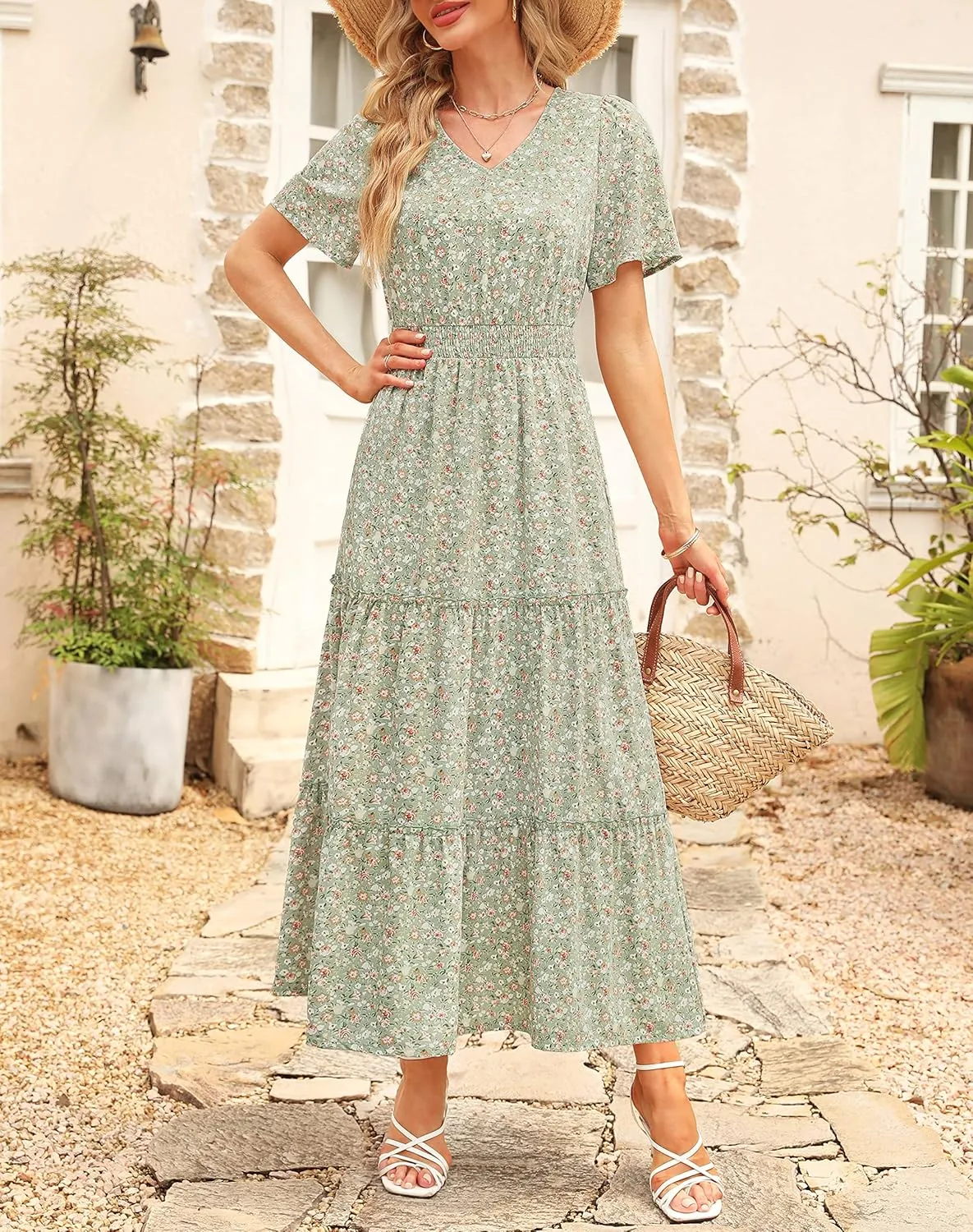 Zattcas Womens 2025 Long Summer Dress Short Flutter Sleeve V Neck Casual Smocked Tiered Modest Floral Boho Maxi Dress