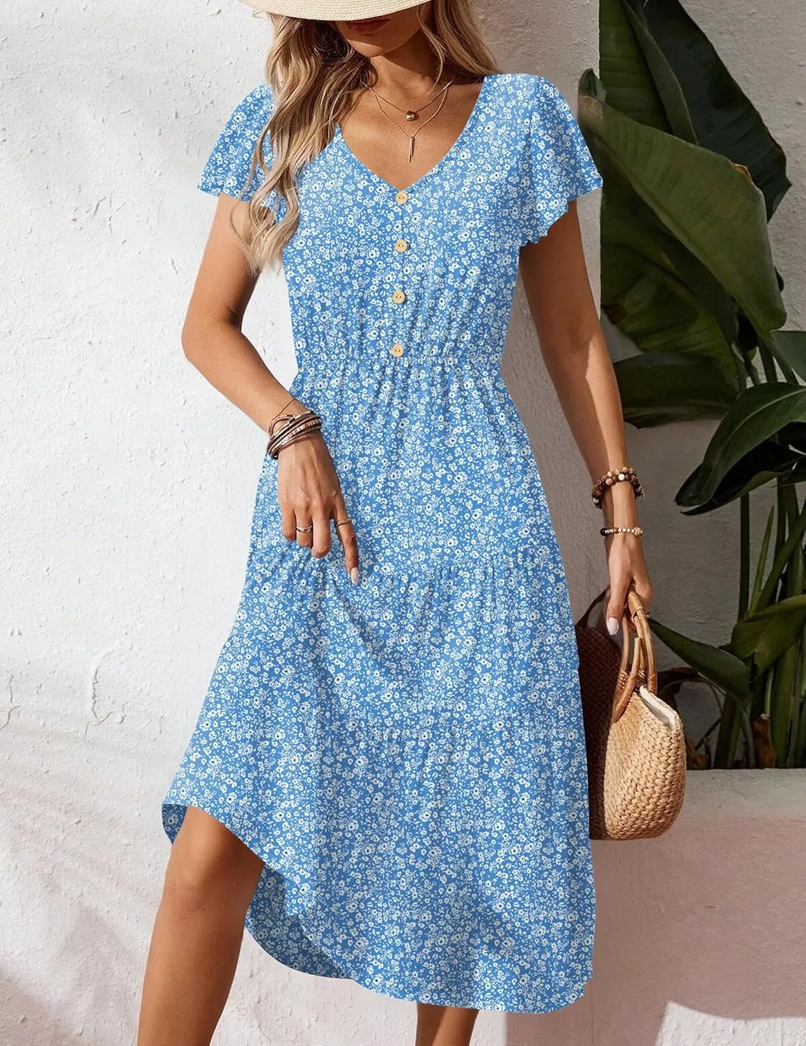 Zeagoo Women's Summer Casual Dress Flutter Short Sleeve V Neck Button Down Tiered Flowy Long Dress with Pockets