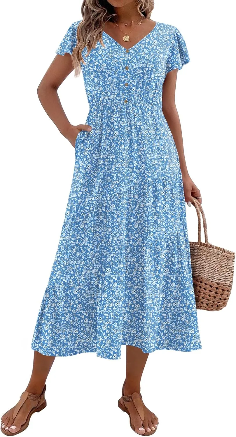 Zeagoo Women's Summer Casual Dress Flutter Short Sleeve V Neck Button Down Tiered Flowy Long Dress with Pockets