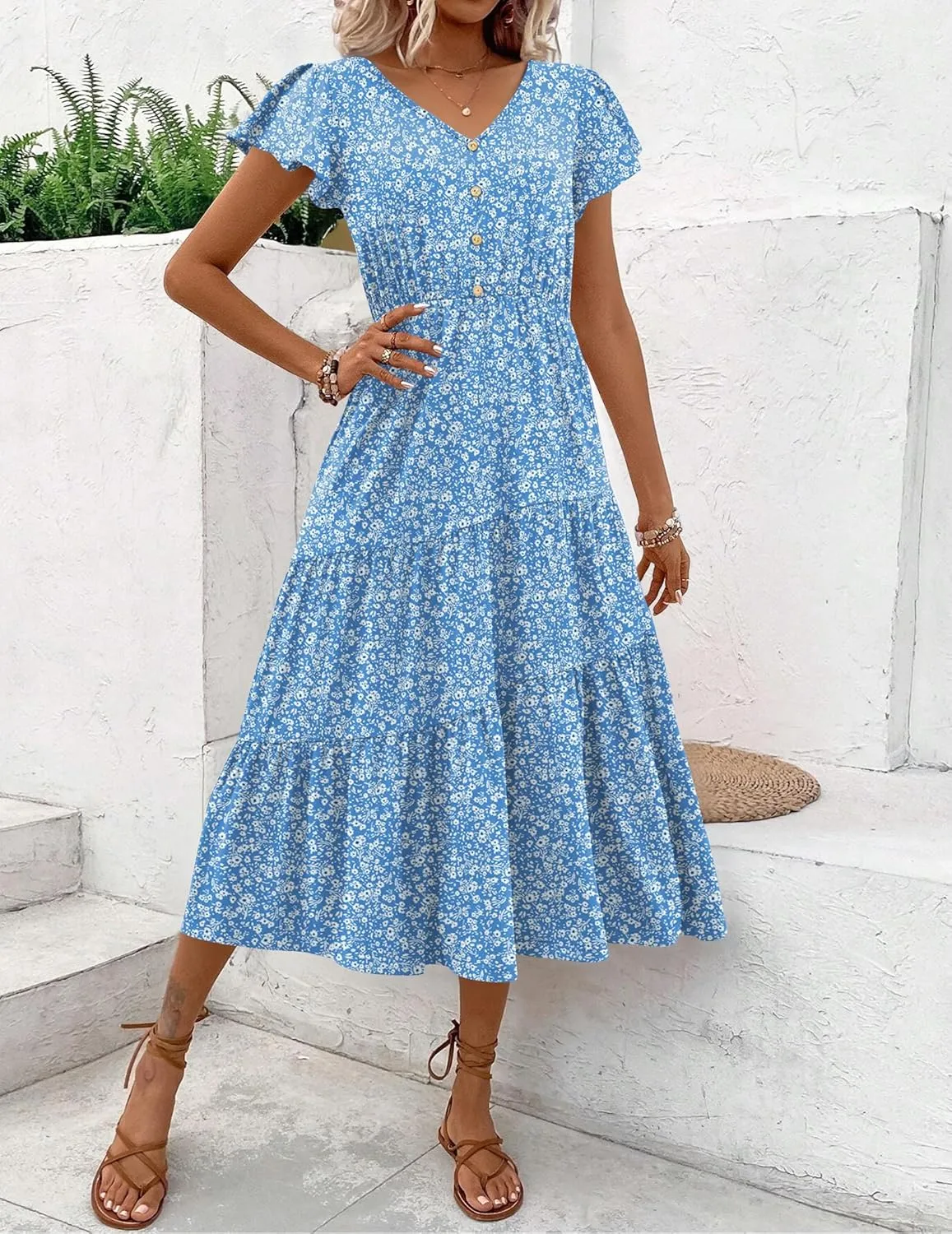 Zeagoo Women's Summer Casual Dress Flutter Short Sleeve V Neck Button Down Tiered Flowy Long Dress with Pockets
