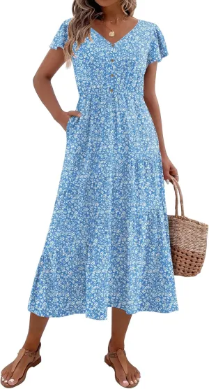 Zeagoo Women's Summer Casual Dress Flutter Short Sleeve V Neck Button Down Tiered Flowy Long Dress with Pockets