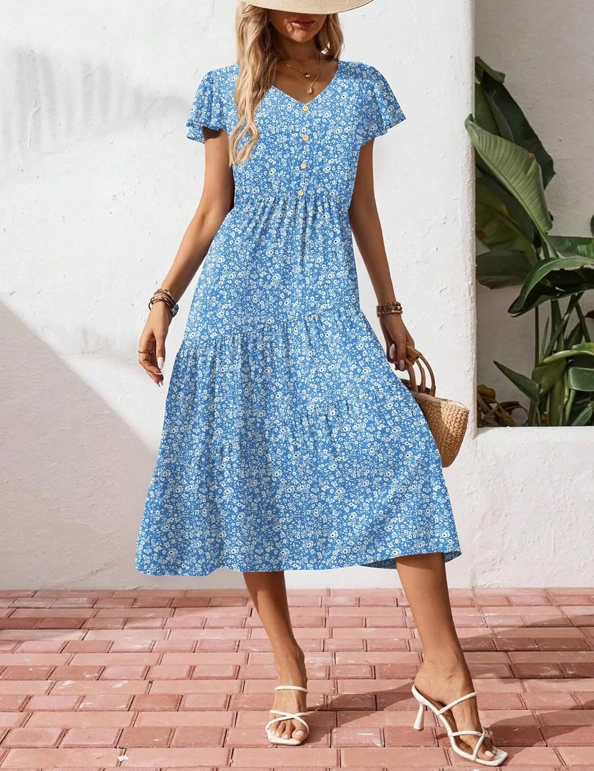 Zeagoo Women's Summer Casual Dress Flutter Short Sleeve V Neck Button Down Tiered Flowy Long Dress with Pockets